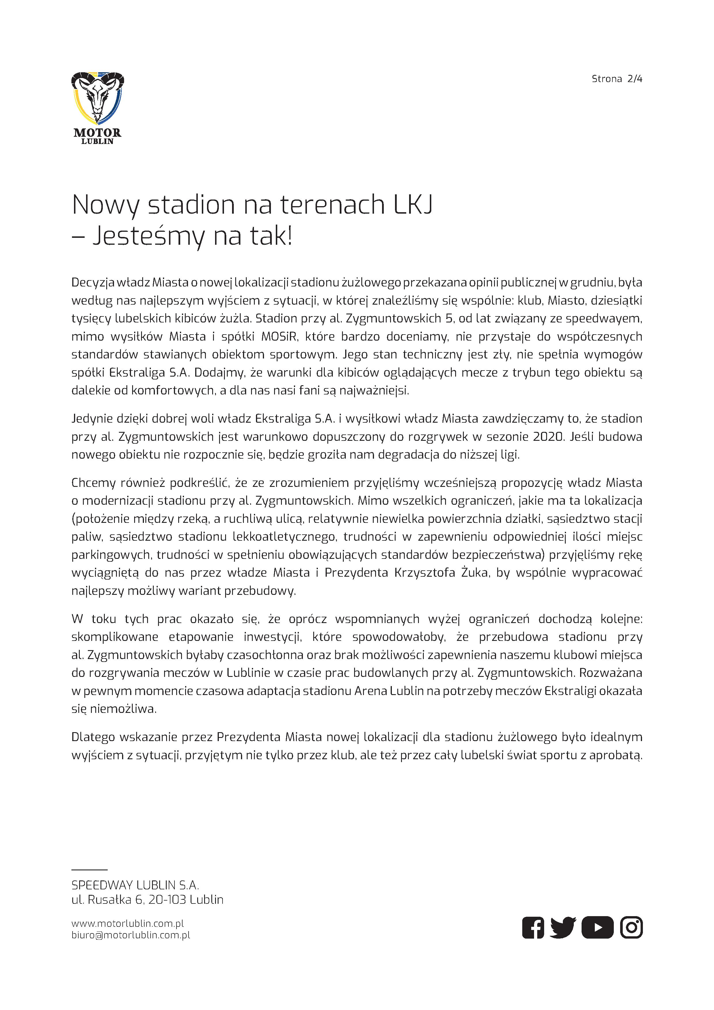 OŚWIADCZENIE SPEEDWAY LUBLIN SA 2