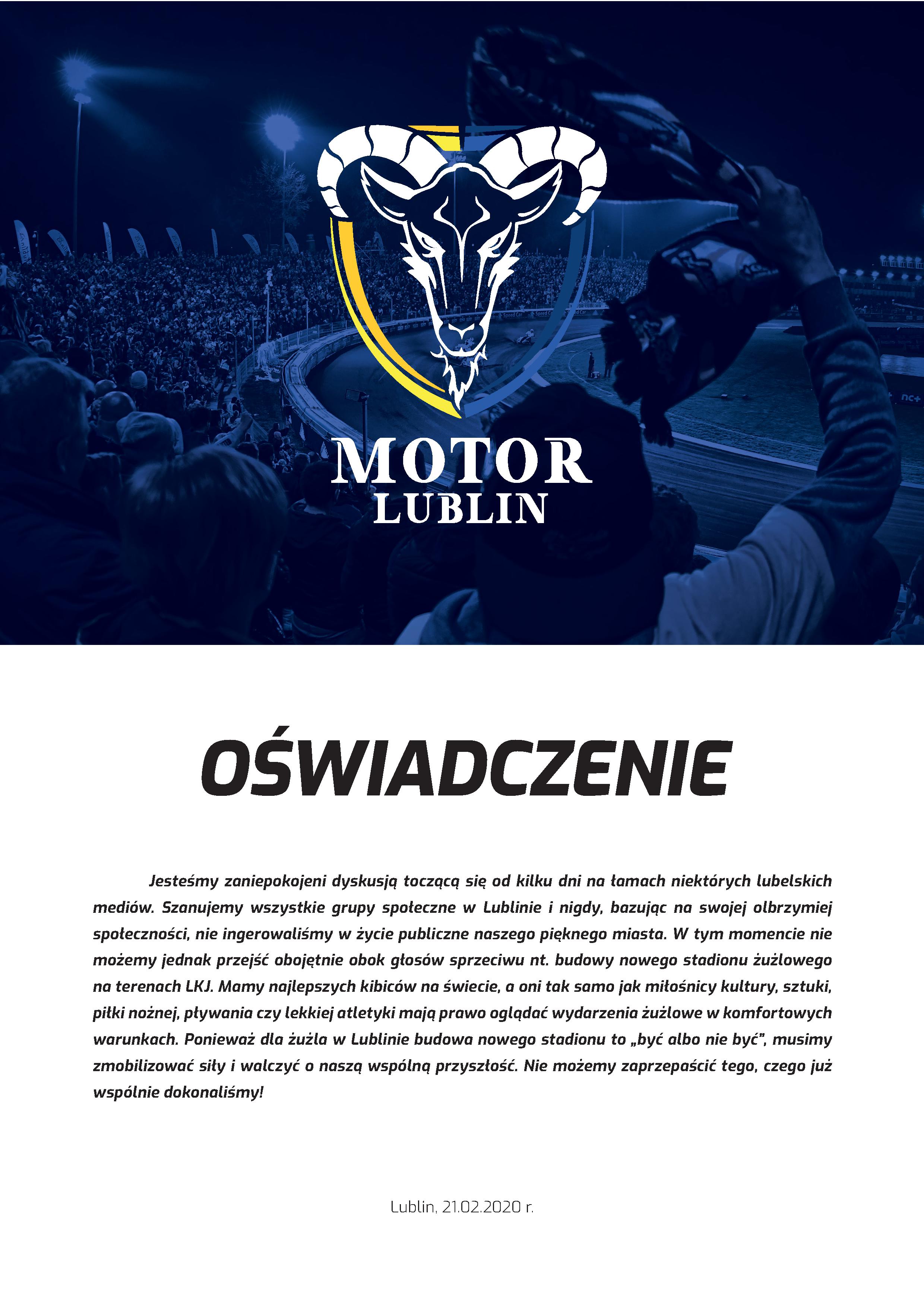OŚWIADCZENIE SPEEDWAY LUBLIN SA